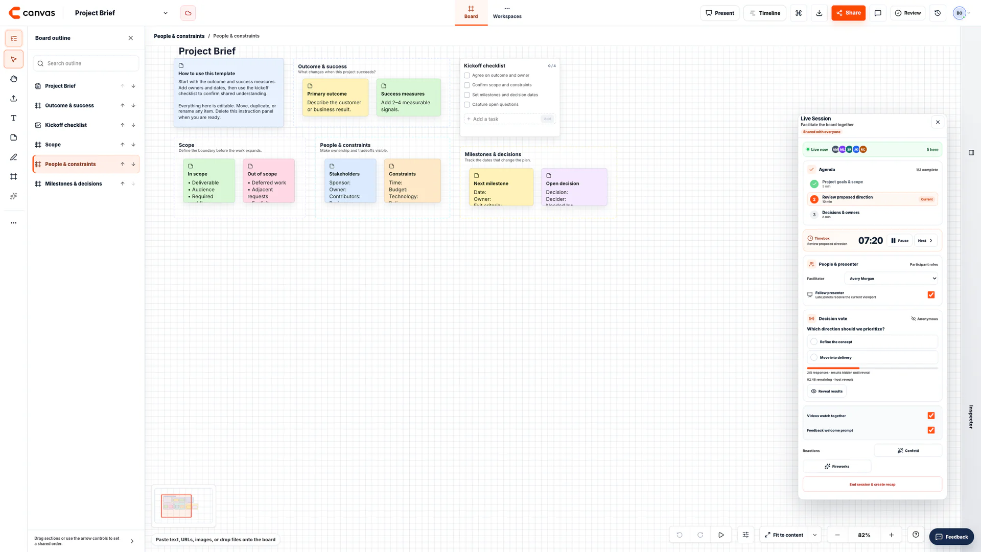 Real Canvas Project Brief board with the Live Session panel showing agenda, timebox, participants, and a decision vote.